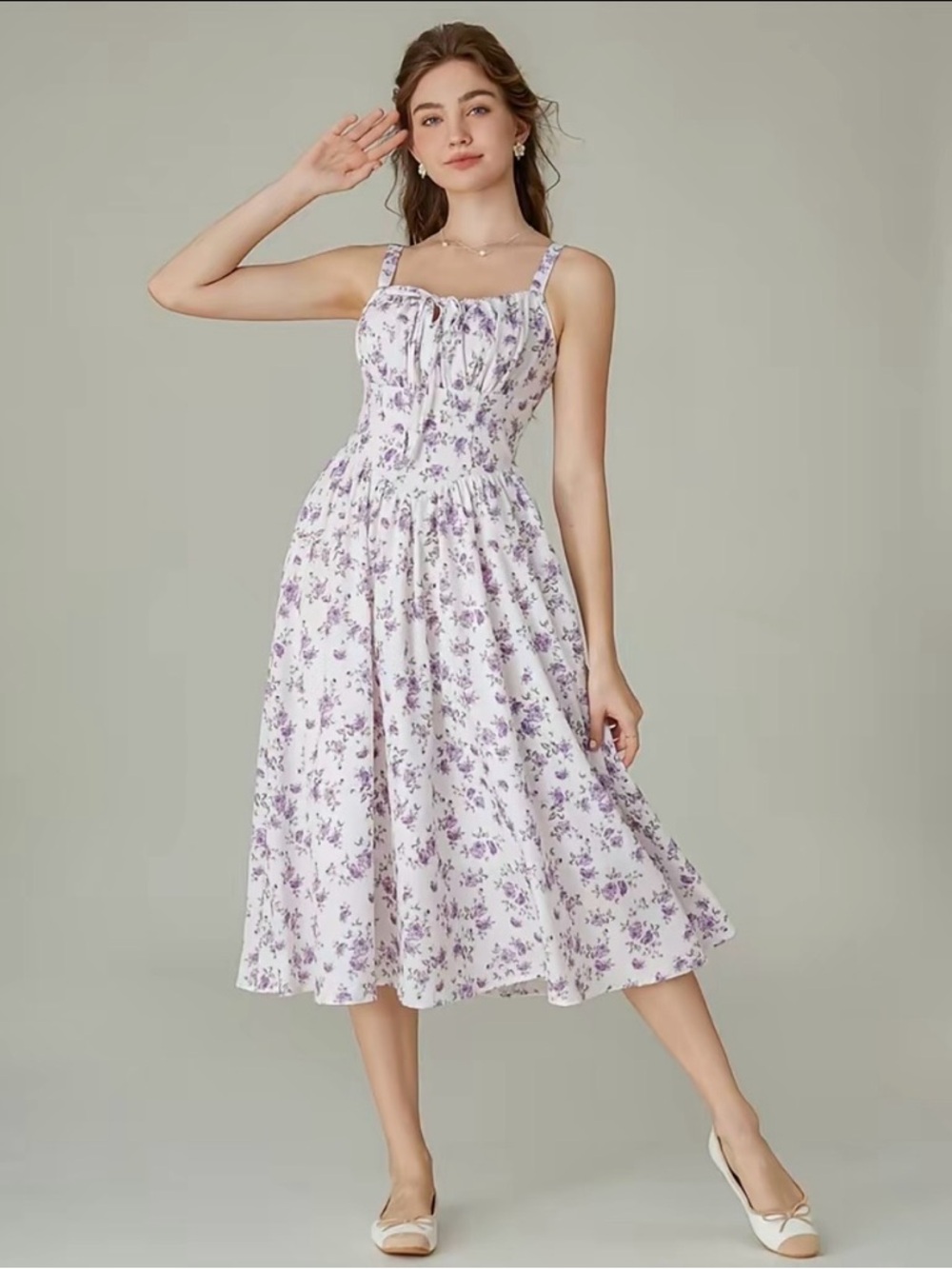 Scarlet Darkness Purple White Floral Milkmaid Midi Sundress Smocked Ruffle L